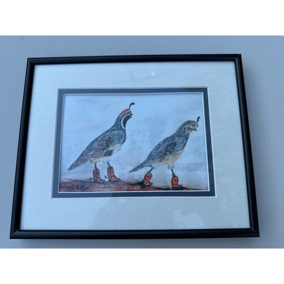 Simply Irresistible Watercolors Other - Deborah A Lee Original Watercolor Painting Quails in Red Cowboy Boots Framed Art